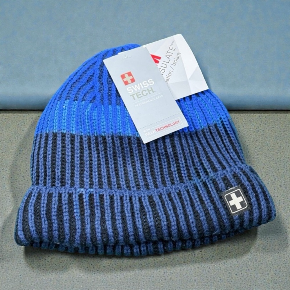 NWT Swiss Tech Ribbed Knit Beanie Blue Black Cold Weather Hat